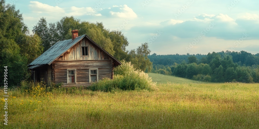 Rustic wooden house situated in a meadow adjacent to an agricultural field, showcasing the charm of an old wooden house amidst serene landscapes. This old wooden house embodies rural tranquility. Rustic wooden house situated in a meadow adjacent to an agricultural field, showcasing the charm of an old wooden house amidst serene landscapes. This old wooden house embodies rural tranquility.