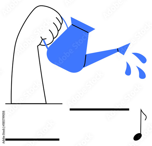 Hand holding a blue watering can releasing water droplets near a floating musical note. Ideal for growth, nature, creativity, education, design, inspiration, abstract line flat metaphor