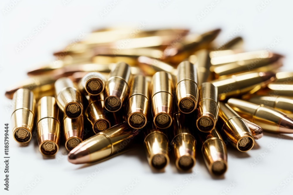 Naklejka premium Numerous hollow point bullets are arranged on a white surface, creating an abstract pattern with their metallic and copper tones