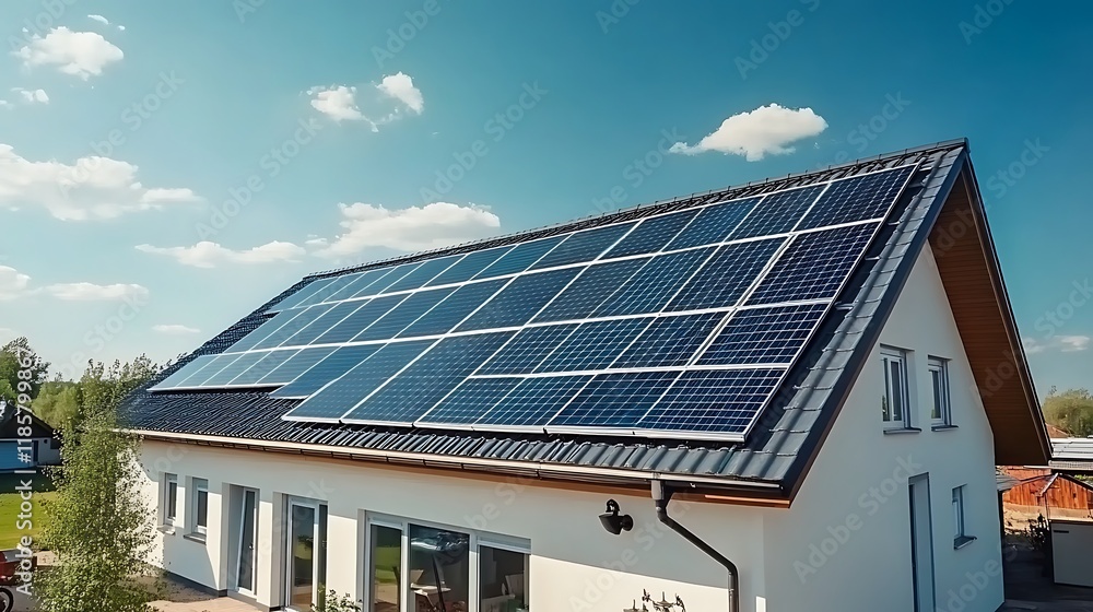 Aerial view of solar panel modules on residential house roof in a European city. Sun panels installed on building rooftop. Renewable energy sources. Eco sunlight power station. Save planet concept. Aerial view of solar panel modules on residential house roof in a European city. Sun panels installed on building rooftop. Renewable energy sources. Eco sunlight power station. Save planet concept.