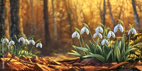 Snowdrops Galanthus plicatus bloom as the first flowers in a sunny spring forest, signaling the arrival of spring with their delicate beauty and vibrant presence. Witness the charm of snowdrops. photo