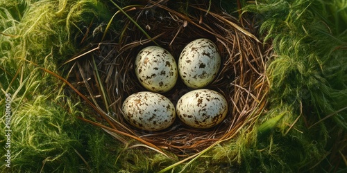Nest of Golden Plover featuring four camouflaged eggs resting on grass, captured from an elevated view, showcasing the unique nesting behavior of this remarkable bird species.