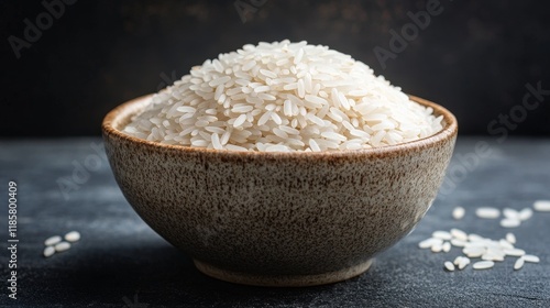 Heap of raw, delicious basmati rice in a bowl, showcasing the texture and quality of basmati rice, perfect for a variety of culinary dishes that highlight basmati rice s versatility. photo