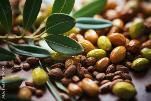 Jojoba nuts, seeds, and leaves create a vibrant arrangement, showcasing the natural beauty of this valuable plant photo