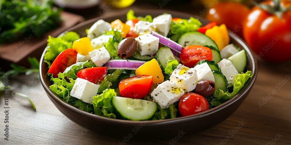 Fresh and vibrant Greek salad featuring cucumber, tomato, sweet pepper, lettuce, red onion, feta cheese, and olives drizzled with olive oil, showcasing a healthy food option on a wooden backdrop.