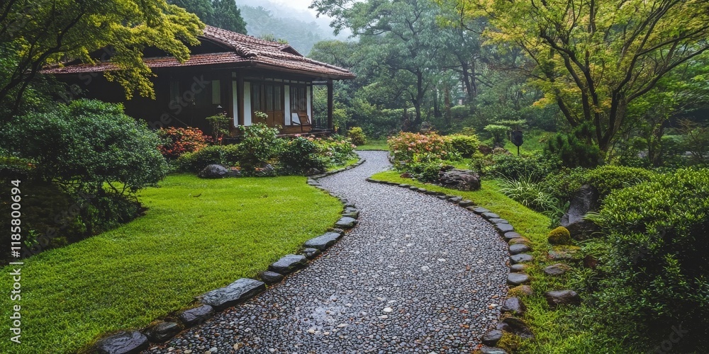 Fototapeta premium Pathway through a garden leads to a traditional old house, creating a charming scene. This beautiful pathway invites exploration, highlighting the serene beauty of a garden and its traditional