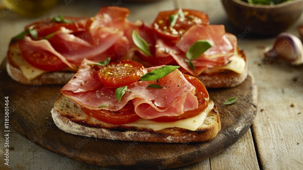 Tasty sandwiches with ham, melted cheese and tomatoes on grey wooden table, top view. Space for text Tasty sandwiches with ham, melted cheese and tomatoes on grey wooden table, top view. Space for text