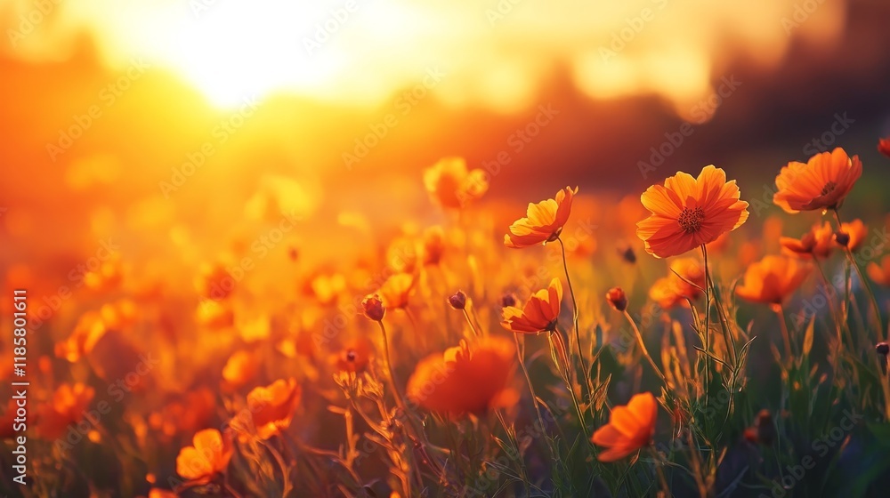Obraz premium Beautiful orange flowers with a stunning sunset in the background create a breathtaking scene, showcasing the vibrant colors of the orange flowers against the warm hues of the sunset.