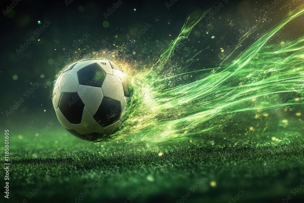 Naklejka premium A soccer ball is flying through the air with green smoke trailing it