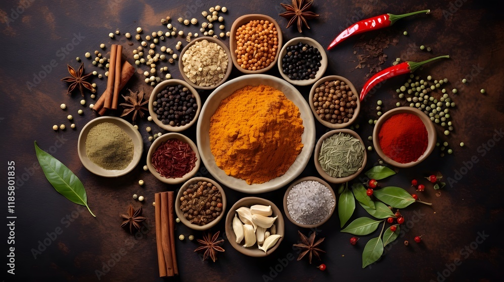 Overhead flat lay shot of a diverse selection of traditional spices and herbs from various countries arranged on a rustic textured surface The image showcases the rich color aroma Overhead flat lay shot of a diverse selection of traditional spices and herbs from various countries arranged on a rustic textured surface The image showcases the rich color aroma