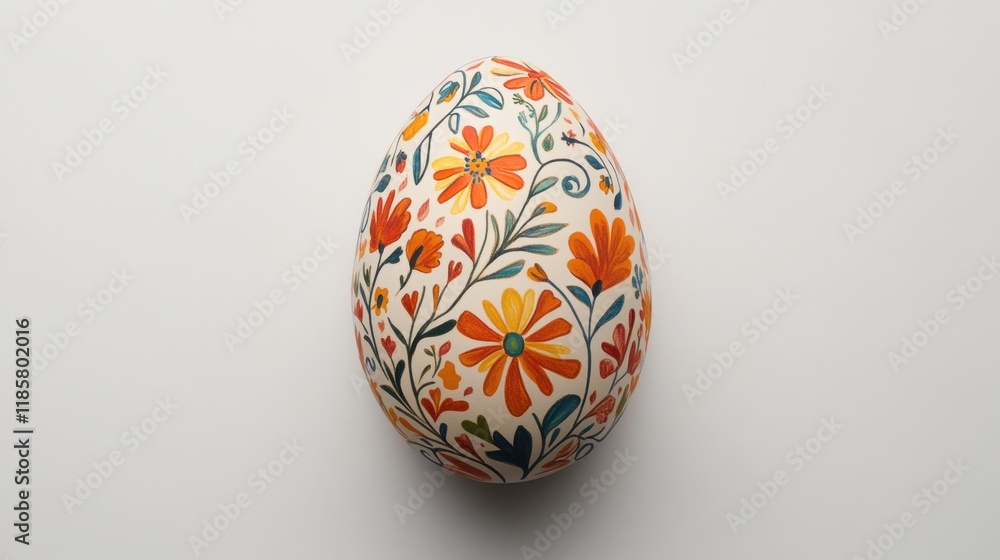 Hand-drawn Easter egg with whimsical floral and spiral designs, symmetrically displayed on a pure white surface. Hand-drawn Easter egg with whimsical floral and spiral designs, symmetrically displayed on a pure white surface.