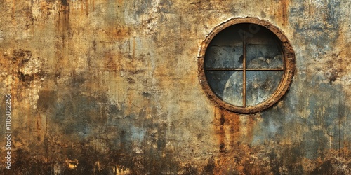 Aged Brown Grunge Abstract Texture Featuring a Worn, Faded Stone Wall with a Circular Window, capturing the essence of vintage architecture and design. photo