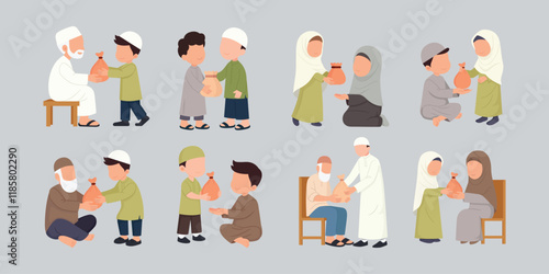 Muslim people giving zakat donation and charity flat style vector illustration