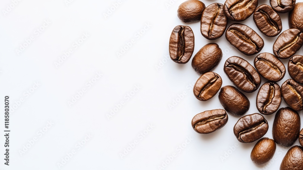 Naklejka premium Top view close up of a heap of aromatic roasted brown coffee beans against a bright white background, enhanced by soft natural sunlight that highlights the rich texture of the coffee beans.
