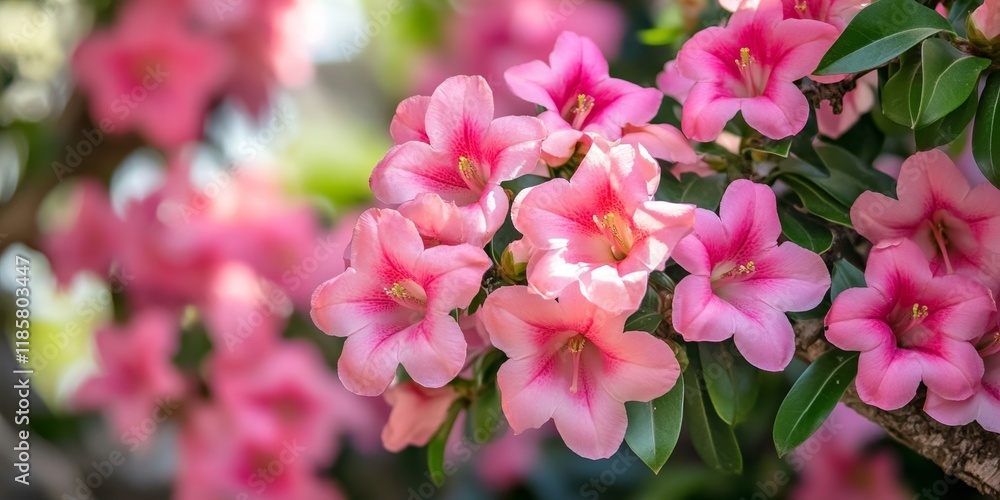 Beautiful pink bignonia flowers, also known as Adenium flowers, bloom on a tree, showcasing stunning pink azalea flowers in a garden setting. Fresh pink flowers create a vibrant background. Beautiful pink bignonia flowers, also known as Adenium flowers, bloom on a tree, showcasing stunning pink azalea flowers in a garden setting. Fresh pink flowers create a vibrant background.