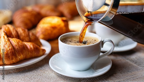 Close up of coffee pouring from beautiful carafe into white cup on table with blurred background of French breads and croissants. freshness