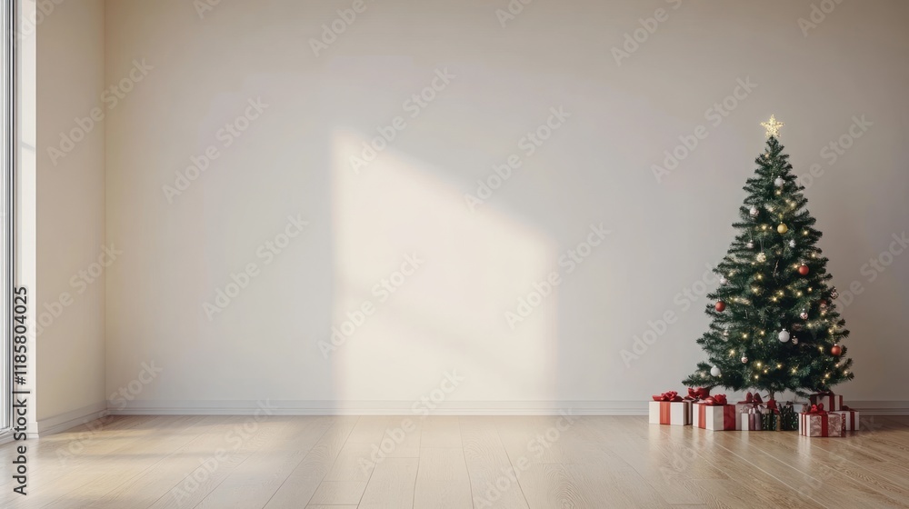 Christmas Tree in Minimalist Room Decorated with Presents Christmas Tree in Minimalist Room Decorated with Presents