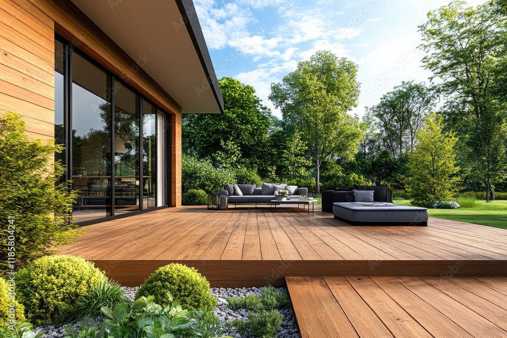 Obraz premium Big wooden terrace with garden furniture near modern house