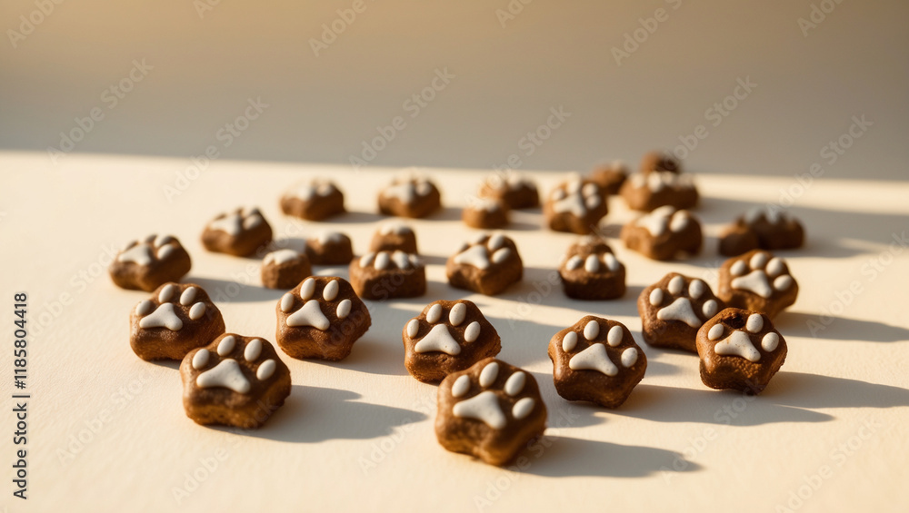 a scattering of kibble pieces shaped like tiny paw prints, arranged artfully on a soft, creamy white background, with warm, golden lighting casting gentle shadows a scattering of kibble pieces shaped like tiny paw prints, arranged artfully on a soft, creamy white background, with warm, golden lighting casting gentle shadows