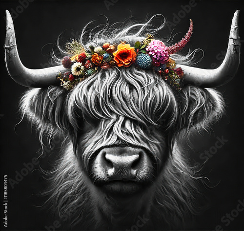 Black and white, highland cattle, long horns, shaggy coat and flower crown photo