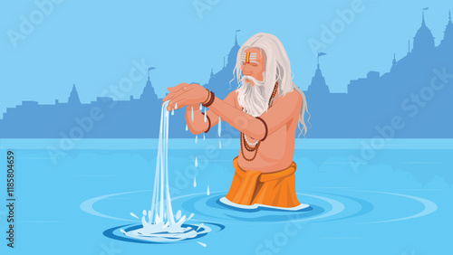 sadhu praying in a holy river, holding water in his hands