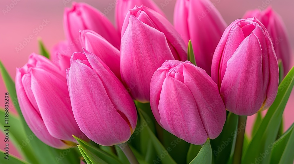 Fototapeta premium Bouquet of pink tulips with green leaves. The flowers are arranged in a vase and are the main focus of the image. The pink color of the flowers creates a sense of warmth and happiness