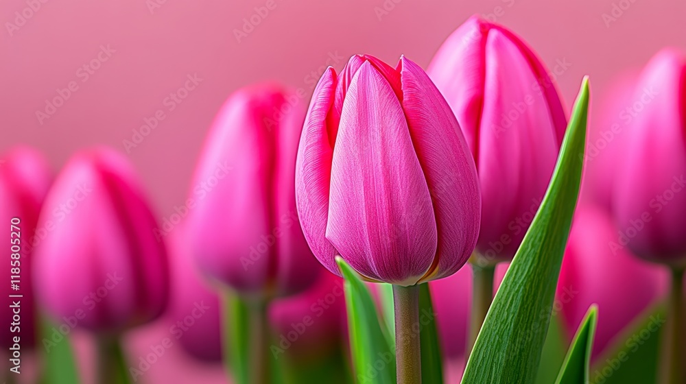 Bunch of pink tulips are in a vase. The flowers are in full bloom and are arranged in a way that makes them look like they are standing tall. The vase is placed on a pink background Bunch of pink tulips are in a vase. The flowers are in full bloom and are arranged in a way that makes them look like they are standing tall. The vase is placed on a pink background