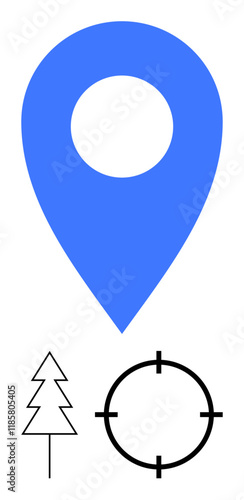 Blue map pin, black tree outline, and black crosshair icon. Ideal for navigation, location services, environmental awareness, travel, maps geolocation and search functionality. Line metaphor