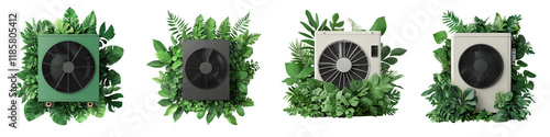 Eco friendly heat pumps surrounded by lush greenery, showcasing sustainable technology