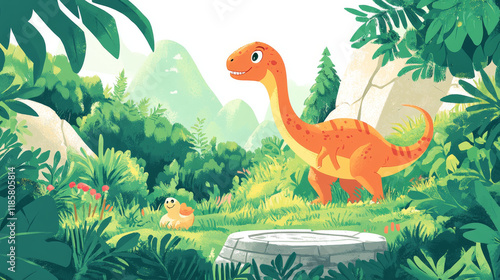 Prehistoric dinosaur world book cover. Vector vibrant and playful storybook cover with cartoon dino and hatching baby reptile at lush greenery landscape with colorful fun typography and stone plate photo