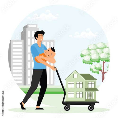 Father Carrying Baby While Moving Model House on Hand Truck Outdoors.