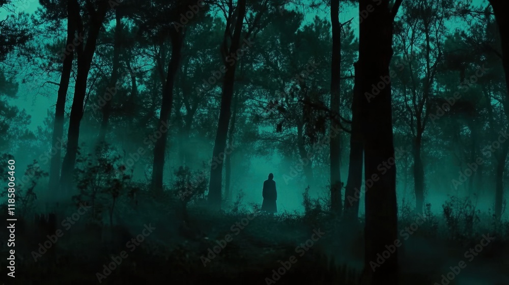 Obraz premium Mysterious figure lurks in a foggy forest at night creating an eerie atmosphere reminiscent of horror films