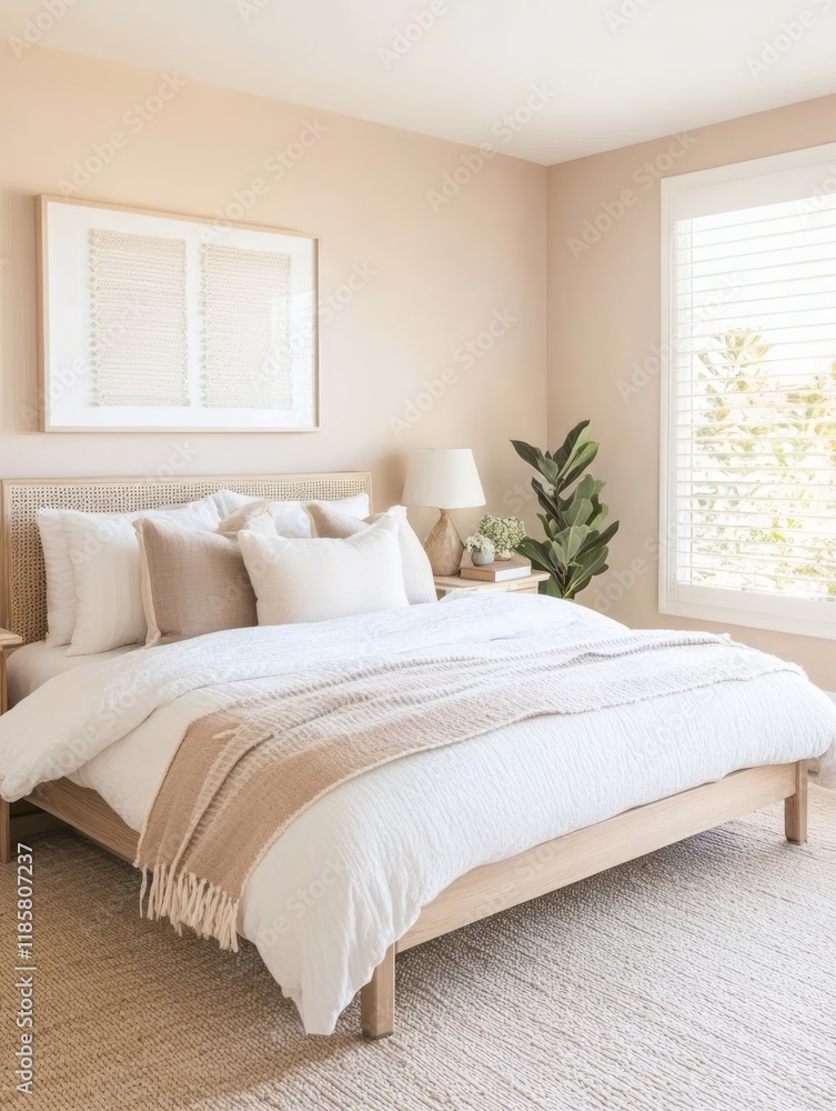 Fototapeta premium Modern Neutral Bedroom Featuring A King Sized Bed