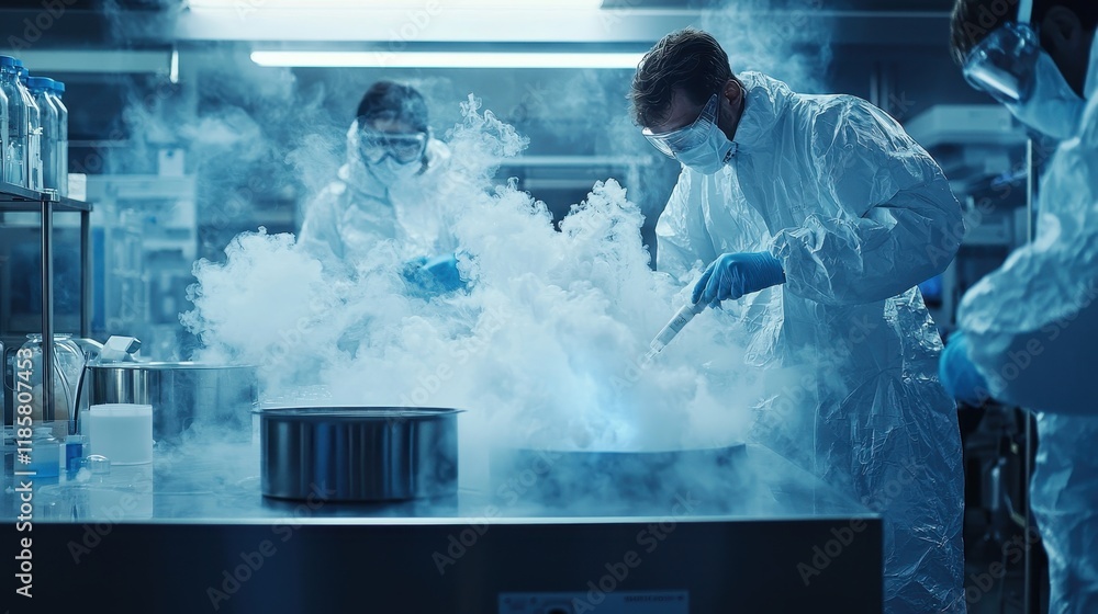 Fototapeta premium Researchers Utilizing Liquid Nitrogen in Experiment