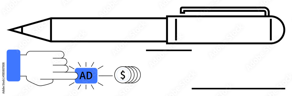 Blue-click hand pressing ad button, coins signifying earnings, and pen symbolizing creativity. Ideal for advertising, monetization, content creation, marketing strategy, online revenue, business Blue-click hand pressing ad button, coins signifying earnings, and pen symbolizing creativity. Ideal for advertising, monetization, content creation, marketing strategy, online revenue, business