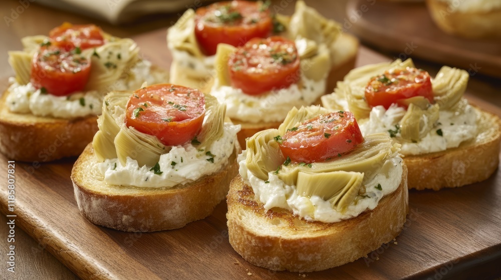 bruschettas with cream cheese, tomatoes and artichokes on a wooden board bruschettas with cream cheese, tomatoes and artichokes on a wooden board