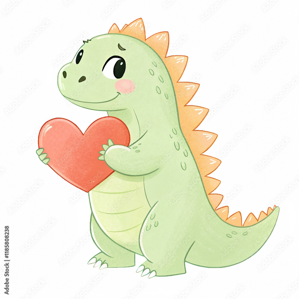 Obraz premium A cute cartoon dinosaur holding a red heart, exuding charm and affection.