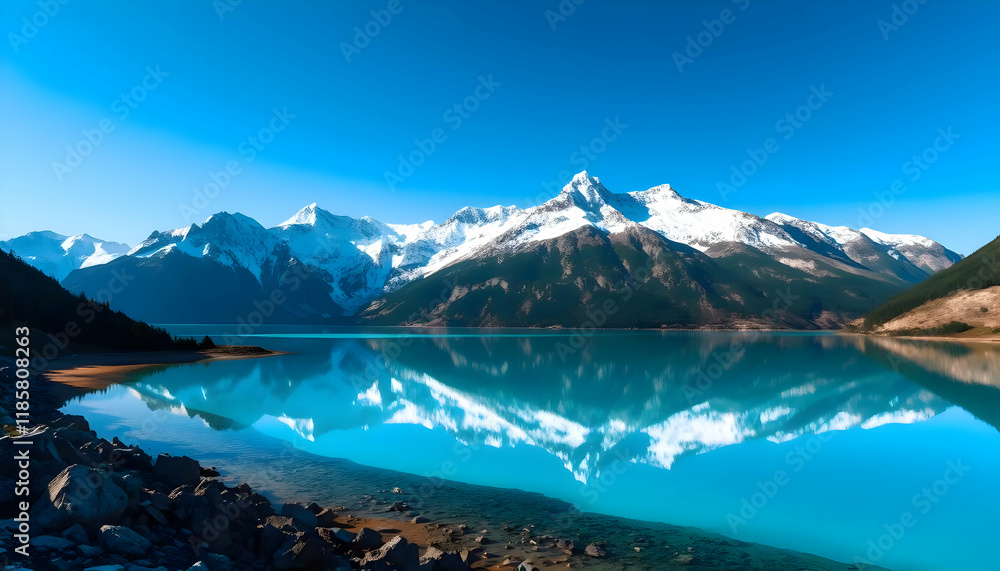 Naklejka premium Majestic Mountain Lake Reflection: A Breathtaking Panorama