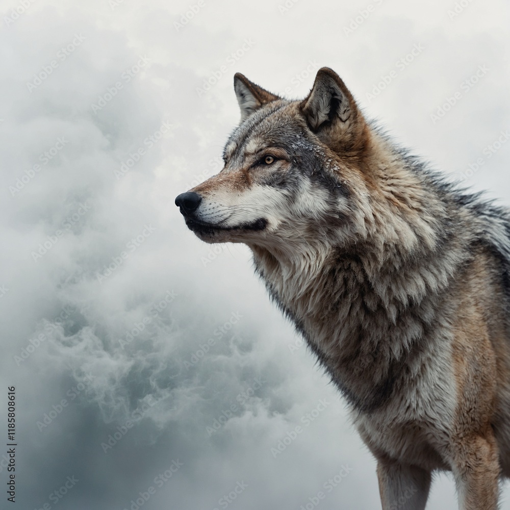 Obraz premium A wolf made of clouds and mist on a white background.
