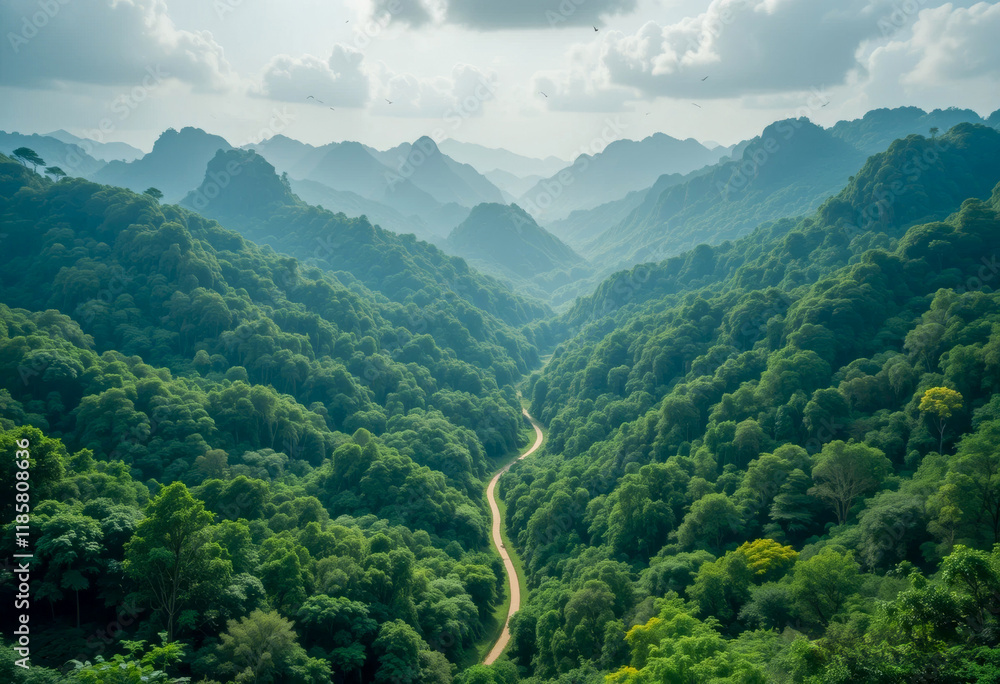A winding dirt road cuts through a dense green rainforest with rolling hills and misty mountains in the background under a cloudy sky A winding dirt road cuts through a dense green rainforest with rolling hills and misty mountains in the background under a cloudy sky