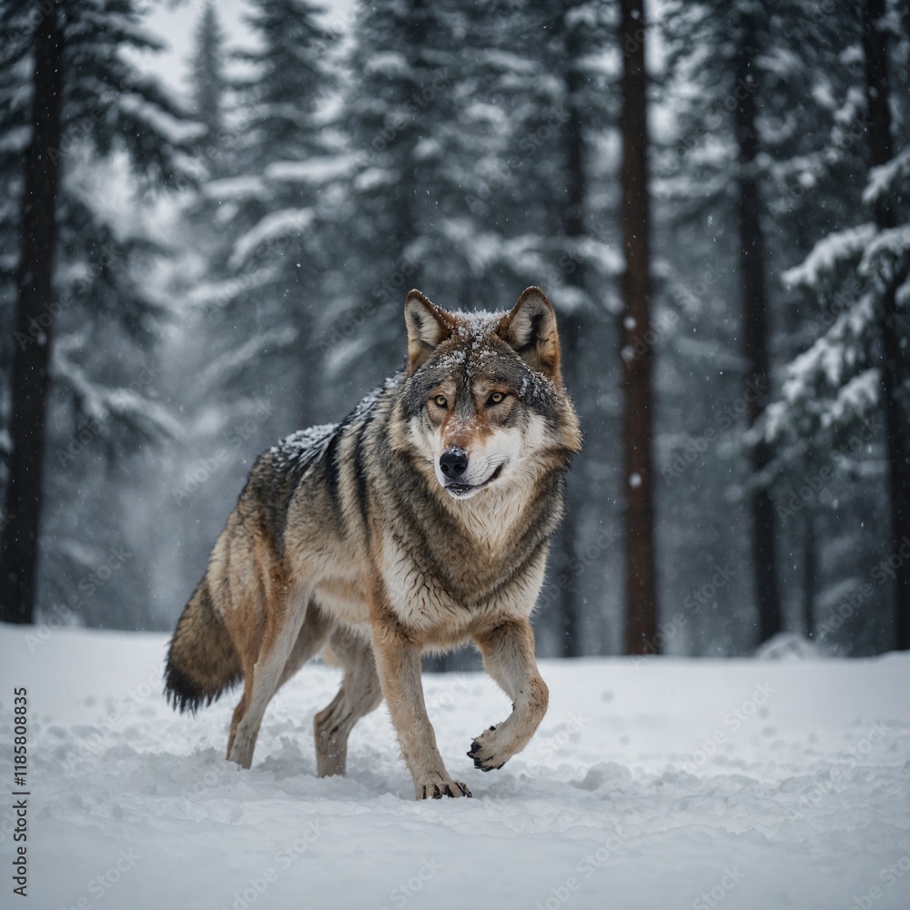 Naklejka premium A wolf playing in a snowy wonderland on white.