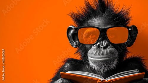 Monkey wearing sunglasses is reading a book. The book is open to a page with a picture of a person wearing sunglasses photo