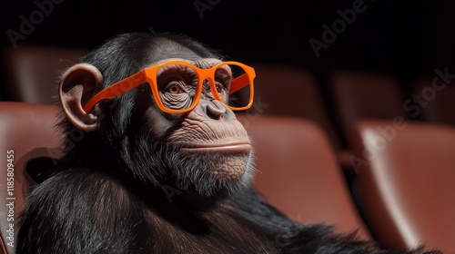 Wallpaper Mural Monkey wearing glasses is sitting in a chair. The scene is set in a theater, with chairs surrounding the monkey. The monkey appears to be enjoying the experience, as it is wearing glasses Torontodigital.ca