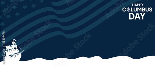 Happy Columbus Day concept with ship, waves, ship's wheel, and stripes. Vector illustration. Can used for background, banner, poster, marketing,advertising, and etc.