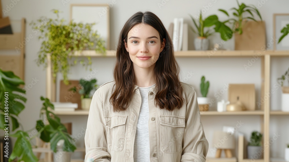 Female founders drive entrepreneurship in technology. Young woman smiling in a cozy, plant-filled interior setting. Female founders drive entrepreneurship in technology. Young woman smiling in a cozy, plant-filled interior setting.