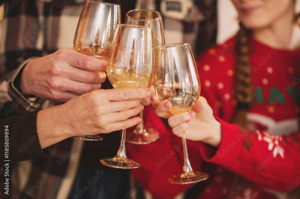 Group of friends clinking glasses of white wine, close-up of hands. Celebration, toast Group of friends clinking glasses of white wine, close-up of hands. Celebration, toast
