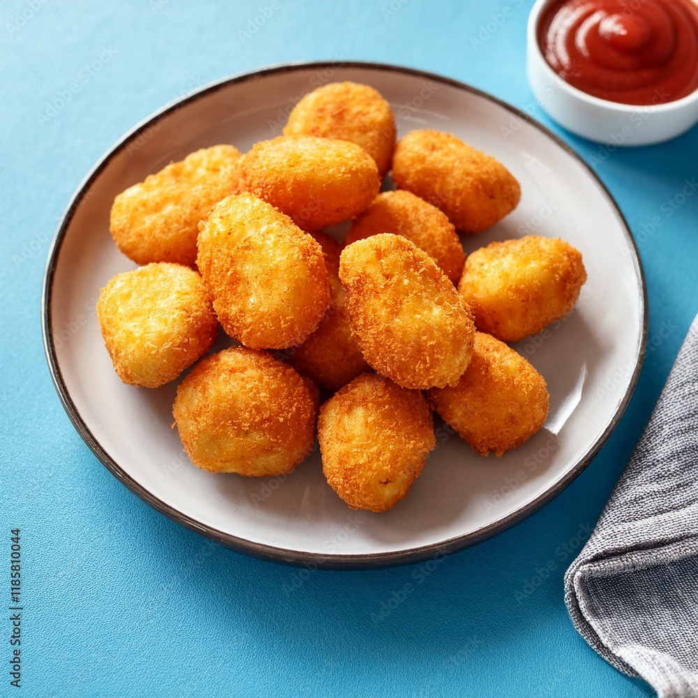Crispy potato tots served with ketchup on blue background Crispy potato tots served with ketchup on blue background