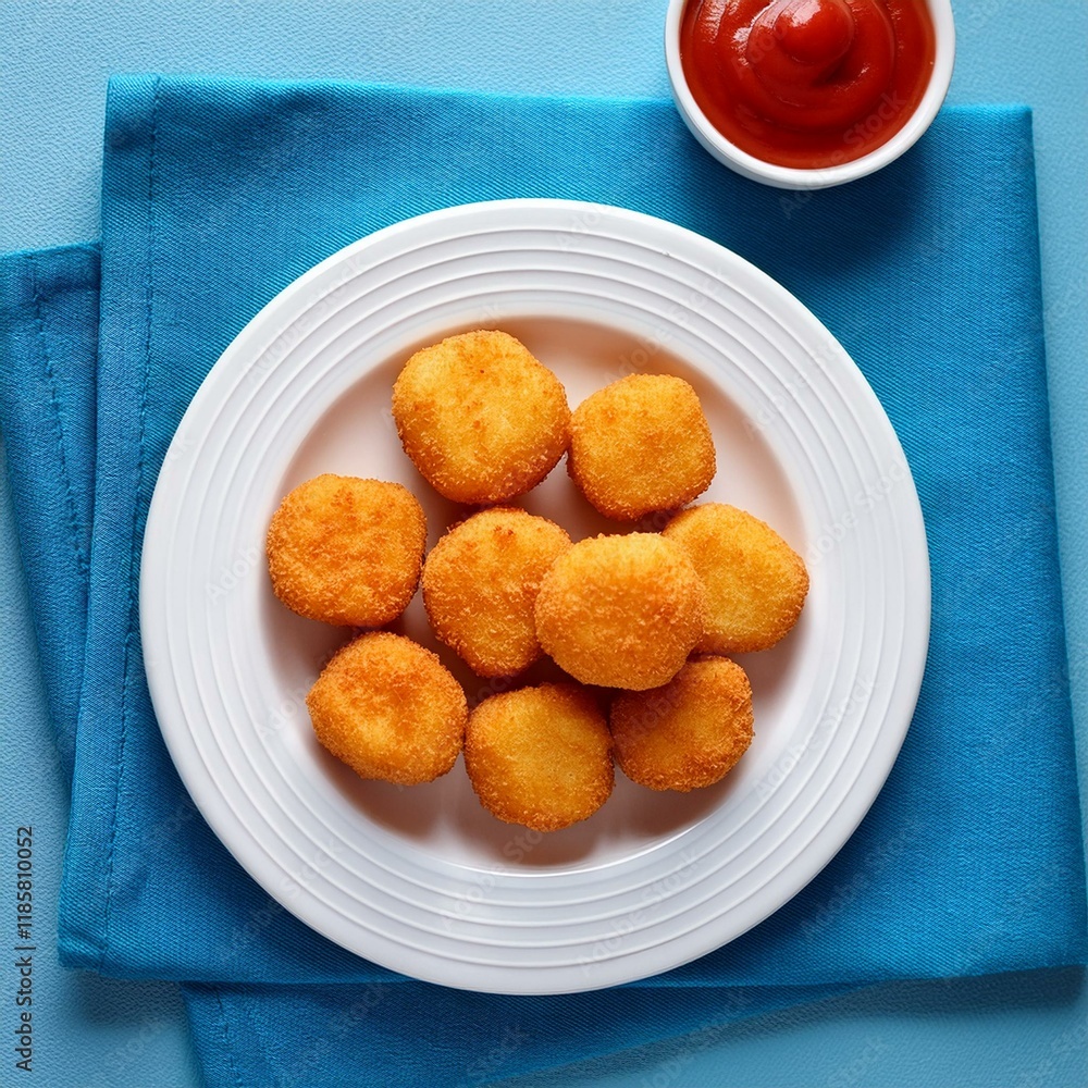 Crispy potato tots served with ketchup on blue background Crispy potato tots served with ketchup on blue background