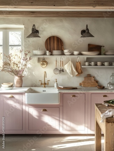 Sunlit Pink Kitchen With Fa...