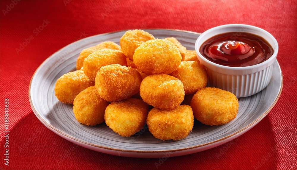 Crispy potato tots served with ketchup on red background Crispy potato tots served with ketchup on red background
